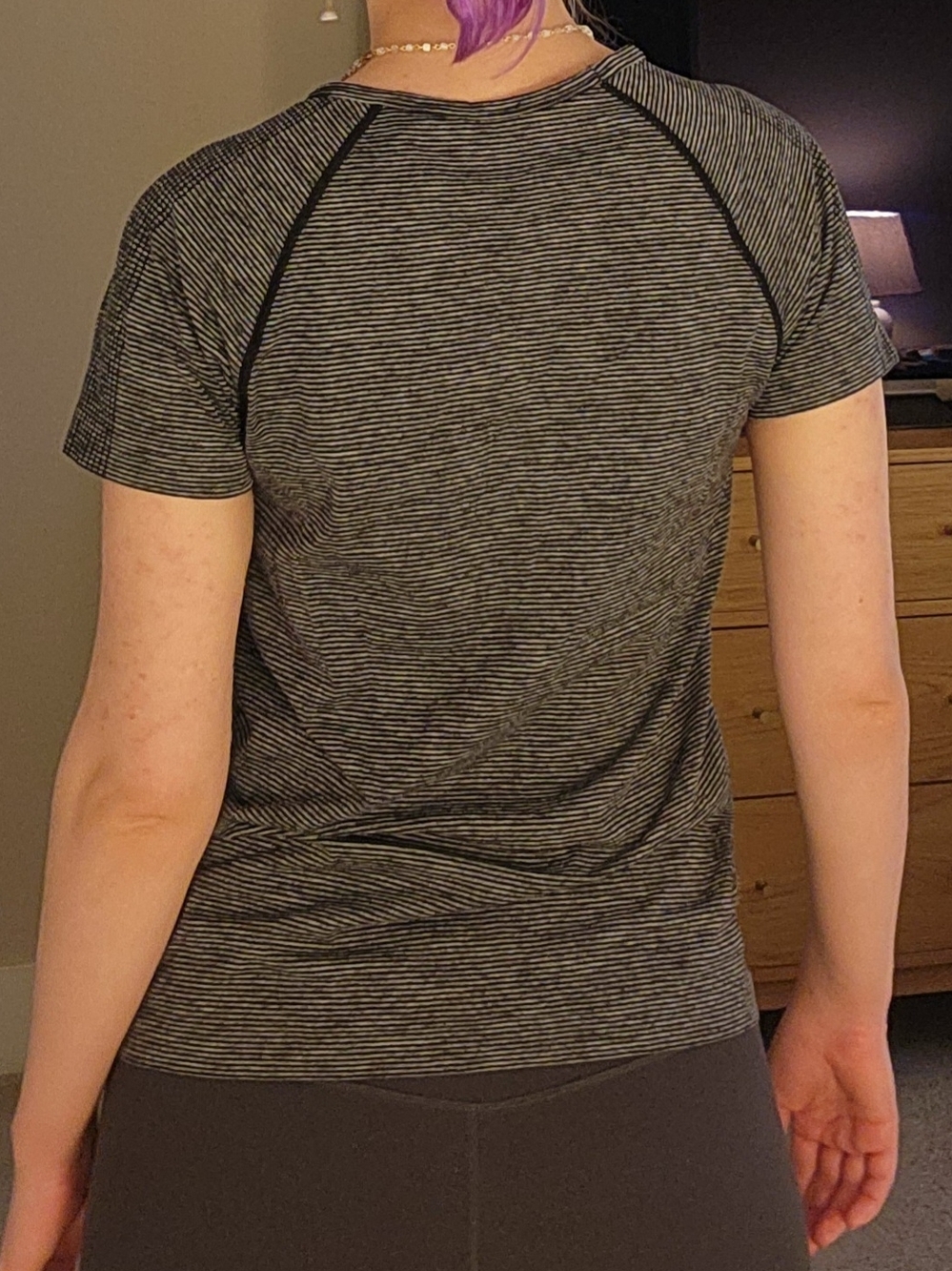 Women’s Workout Short-Sleeve Crewneck Tee in Black and Gray Stripe - Size M - Picture 4 of 7